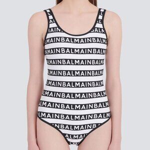 Balmain Black & White Knit All-Over Logo-Stripe Bodysuit